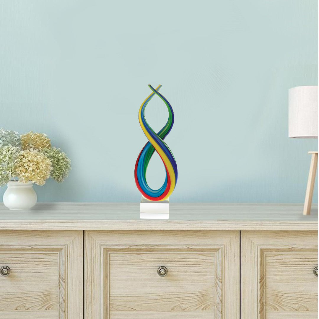 16" Clear Red Blue Yellow Murano Glass Modern Abstract Tabletop Sculpture. Sculpture isolated on a plain white background, showing a blue glass surface.