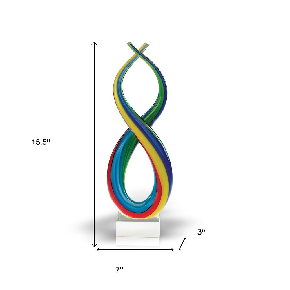 16" Clear Red Blue Yellow Murano Glass Modern Abstract Tabletop Sculpture. Sculpture isolated on a plain white background, in a blue glass finish.