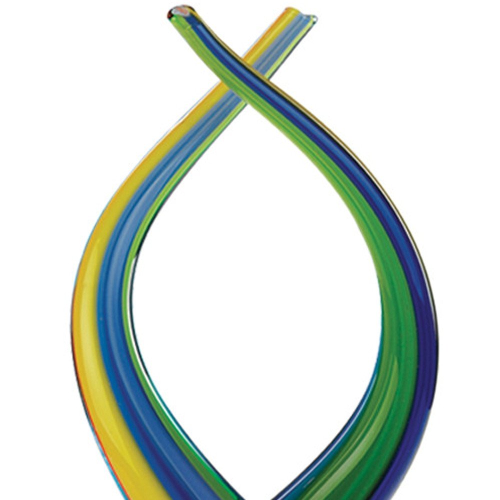 16" Clear Red Blue Yellow Murano Glass Modern Abstract Tabletop Sculpture. Sculpture isolated on a plain white background, showing a blue glass surface.