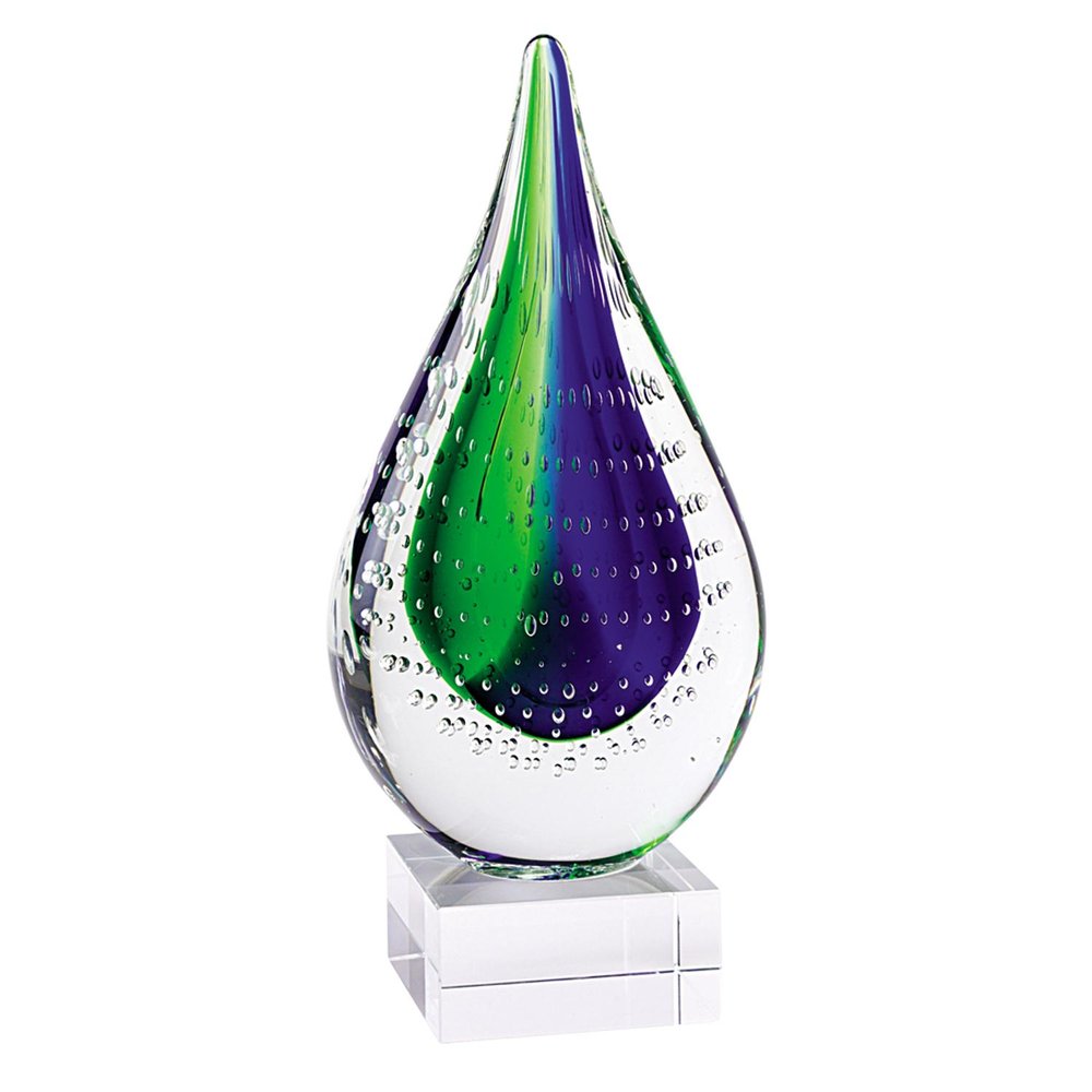 11" Clear Blue and Green Murano Glass Modern Abstract Tabletop Sculpture. Sculpture isolated on a plain white background, finished in green glass.