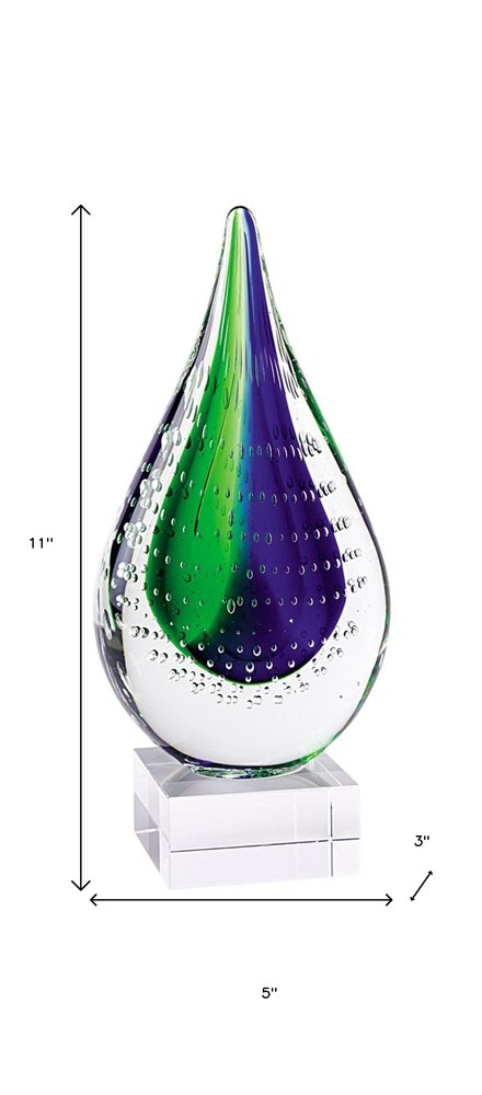 11" Clear Blue and Green Murano Glass Modern Abstract Tabletop Sculpture. Sculpture isolated on a plain white background, finished in green glass.