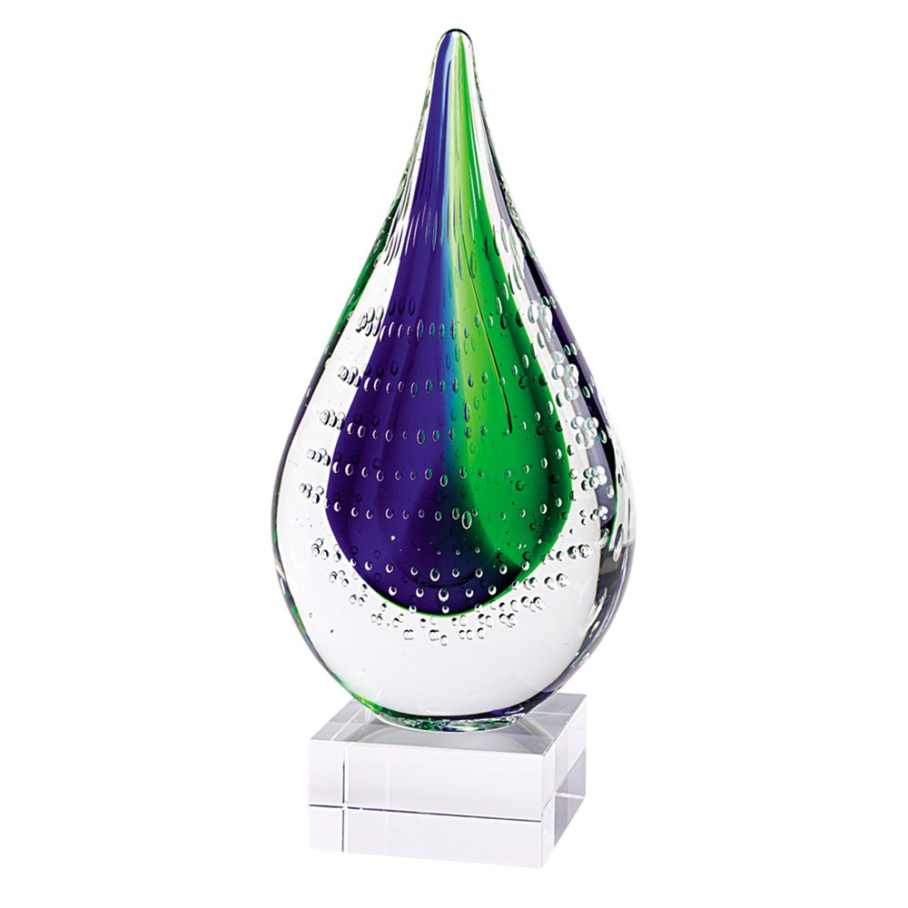 11" Clear Blue and Green Murano Glass Modern Abstract Tabletop Sculpture. Sculpture isolated on a plain white background, in a green glass finish.