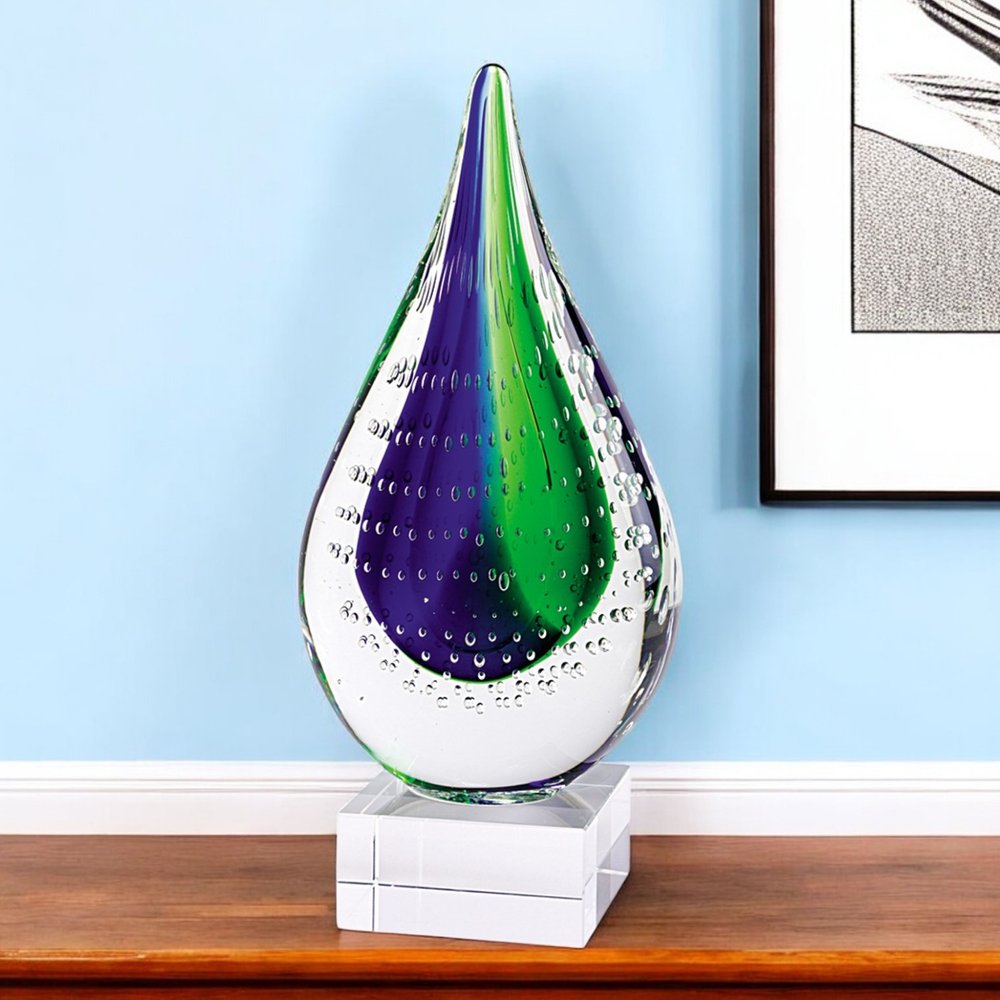 11" Clear Blue and Green Murano Glass Modern Abstract Tabletop Sculpture. Sculpture in blue glass.