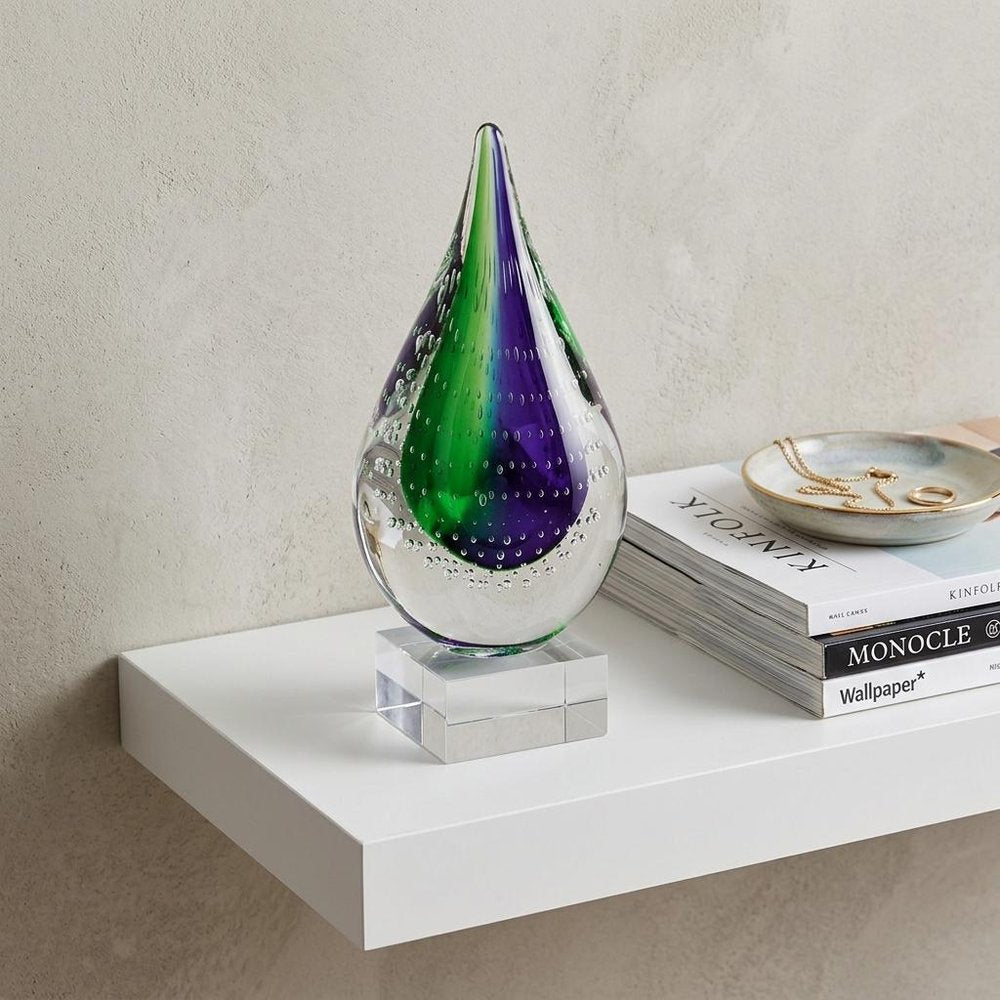 9" Clear Blue and Green Murano Glass Modern Abstract Tabletop Sculpture