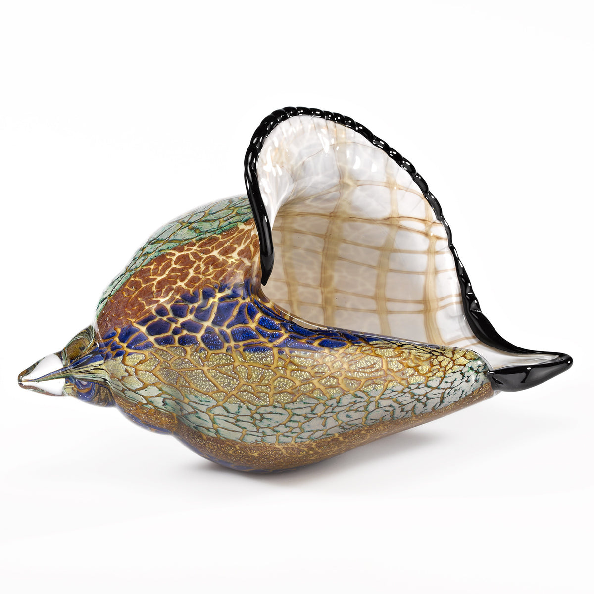 10" Gold Blue Green White Murano Glass Conch Shell Tabletop Sculpture. Sculpture isolated on a plain white background, finished in gold glass.