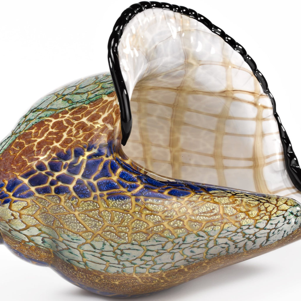 10" Gold Blue Green White Murano Glass Conch Shell Tabletop Sculpture. Sculpture isolated on a plain white background, finished in gold glass.