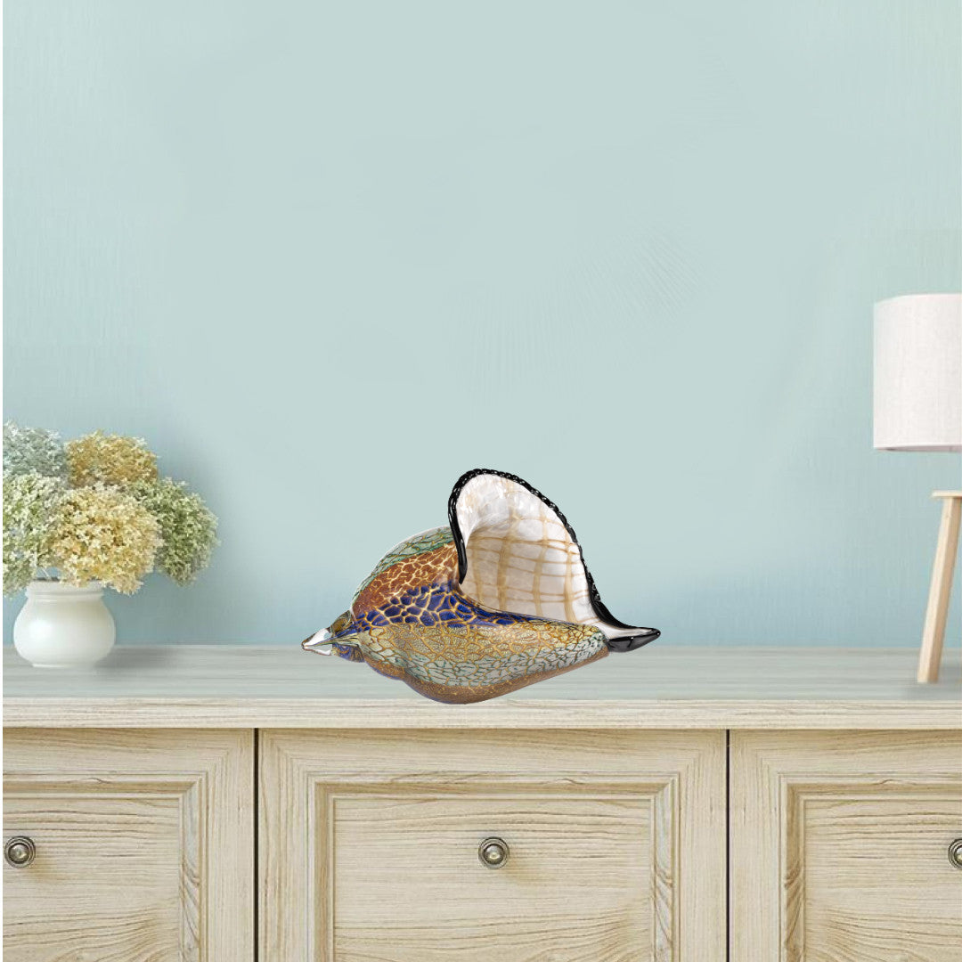 10" Gold Blue Green White Murano Glass Conch Shell Tabletop Sculpture. Sculpture isolated on a plain white background, in a gold glass finish.