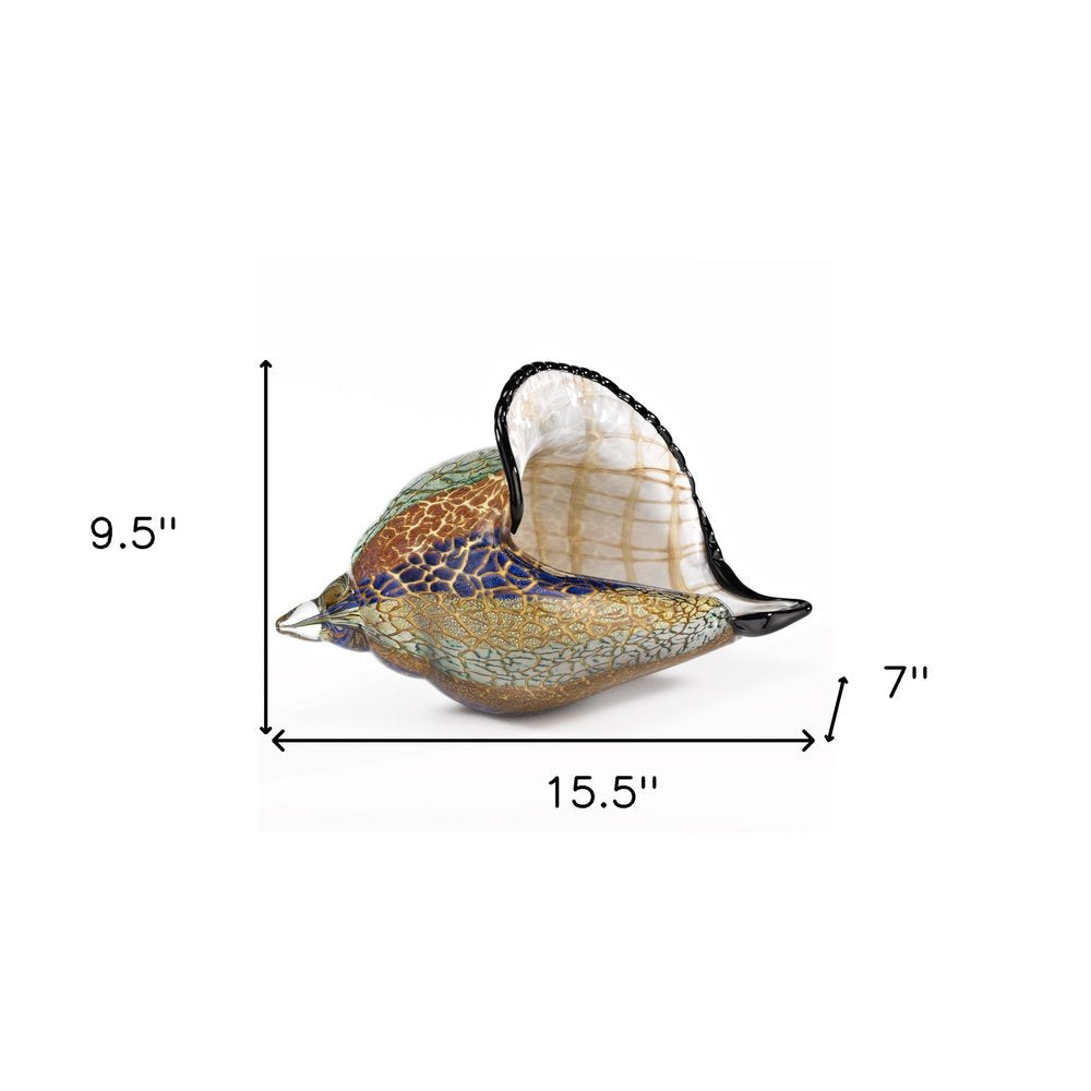 10" Gold Blue Green White Murano Glass Conch Shell Tabletop Sculpture. Sculpture isolated on a plain white background, finished in gold glass.