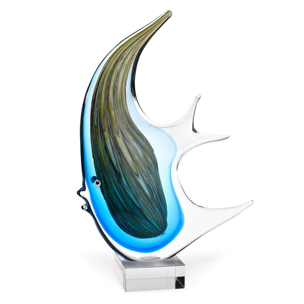 17" Blue Murano Glass Fish Figurine Tabletop Sculpture. Sculpture isolated on a plain white background, finished in blue glass.