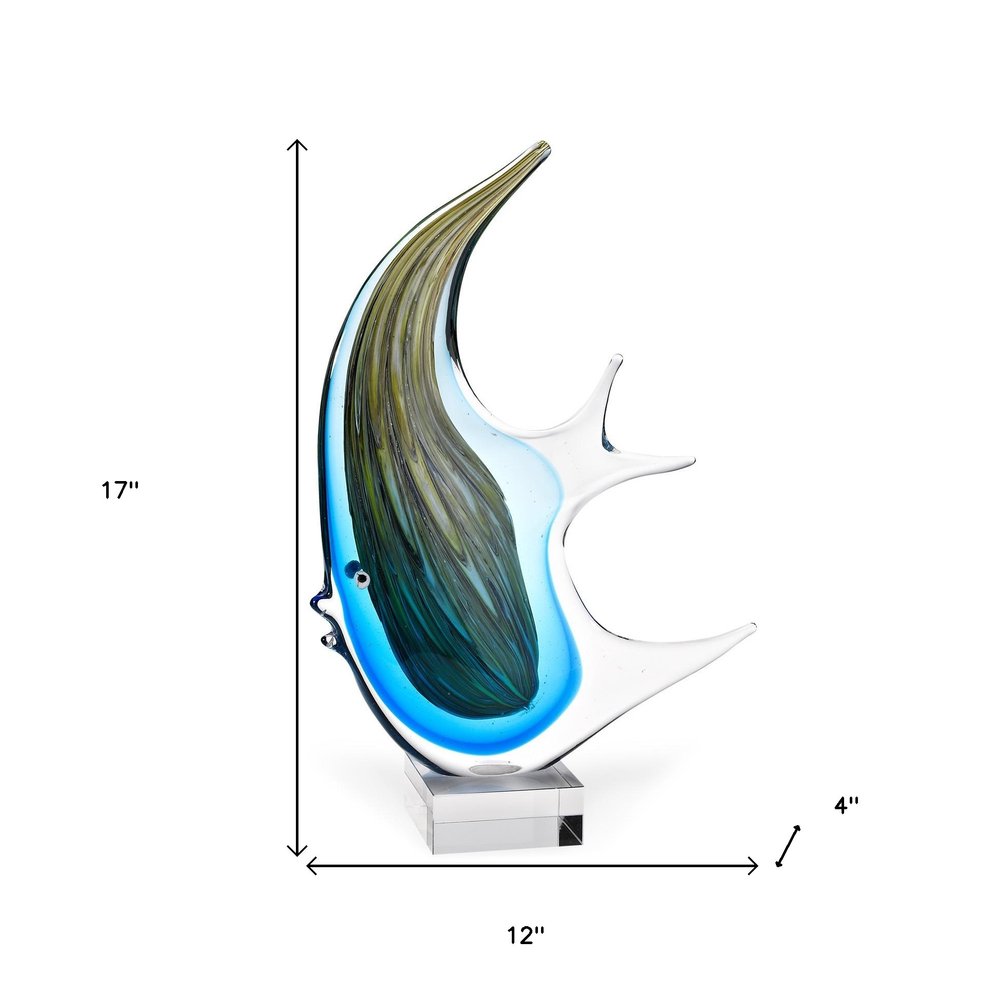 17" Blue Murano Glass Fish Figurine Tabletop Sculpture. Sculpture isolated on a plain white background, showing a blue glass surface.