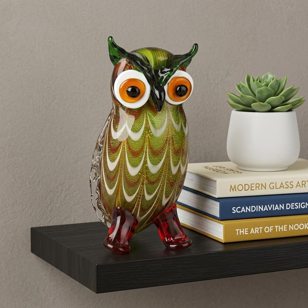 9" Green and White Murano Glass Owl Figurine Tabletop Sculpture