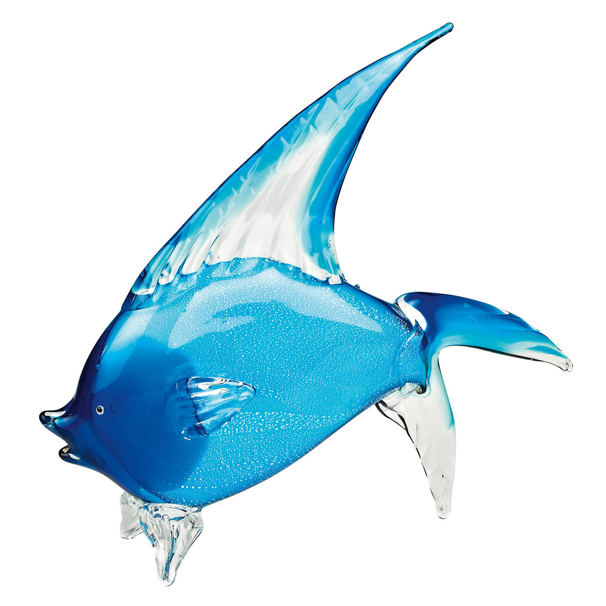 16" Blue Murano Glass Fish Figurine Tabletop Sculpture. Sculpture isolated on a plain white background, finished in blue glass.