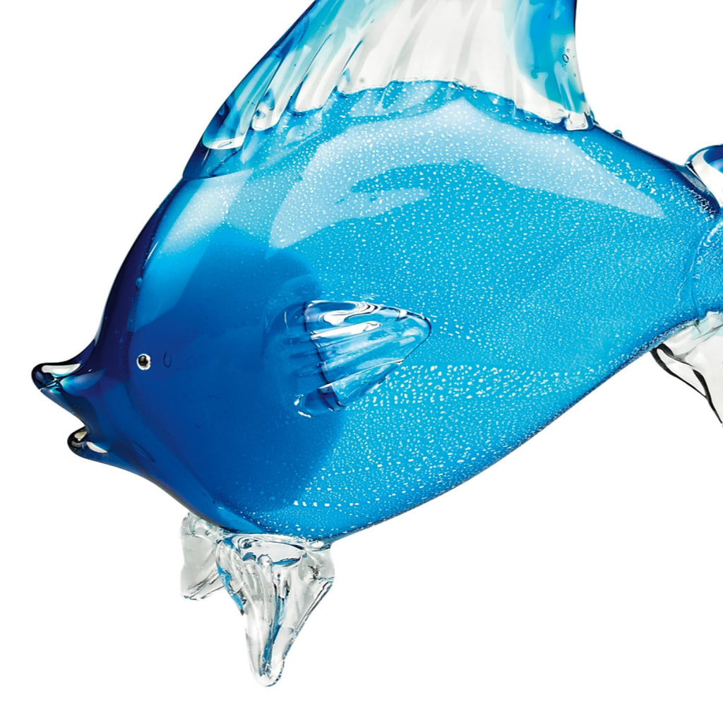 16" Blue Murano Glass Fish Figurine Tabletop Sculpture. Sculpture isolated on a plain white background, showing a blue glass surface.