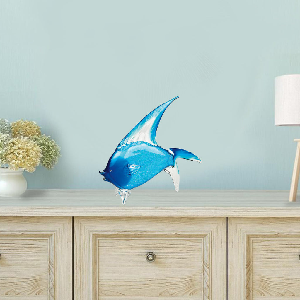 16" Blue Murano Glass Fish Figurine Tabletop Sculpture. Sculpture isolated on a plain white background, in a blue glass finish.