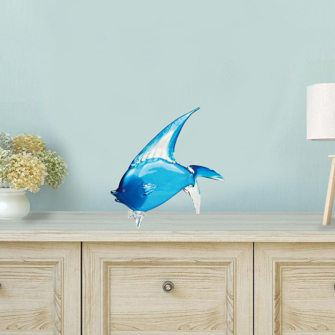 16" Blue Murano Glass Fish Figurine Tabletop Sculpture. Sculpture isolated on a plain white background, in a blue glass finish.