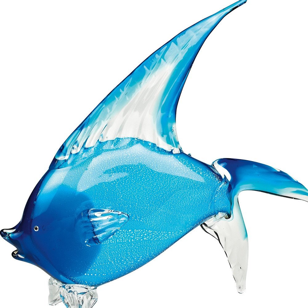 16" Blue Murano Glass Fish Figurine Tabletop Sculpture. Sculpture isolated on a plain white background, in a blue glass finish.