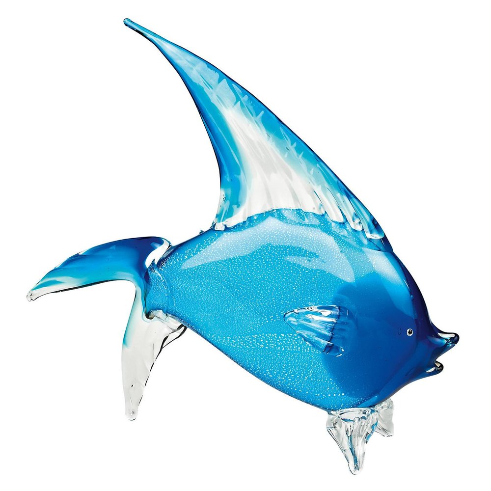 16" Blue Murano Glass Fish Figurine Tabletop Sculpture. Sculpture isolated on a plain white background, finished in blue glass.