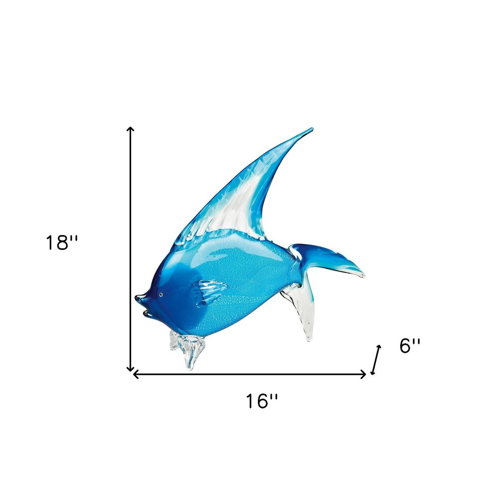 16" Blue Murano Glass Fish Figurine Tabletop Sculpture. Sculpture isolated on a plain white background, showing a blue glass surface.