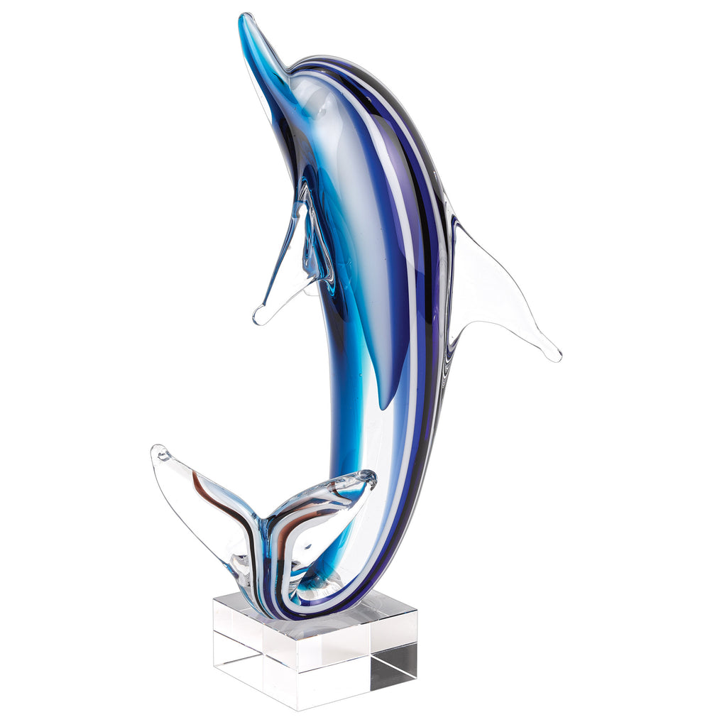 14" Blue Murano Glass Dolphin Figurine Tabletop Sculpture. Sculpture isolated on a plain white background, finished in blue glass.