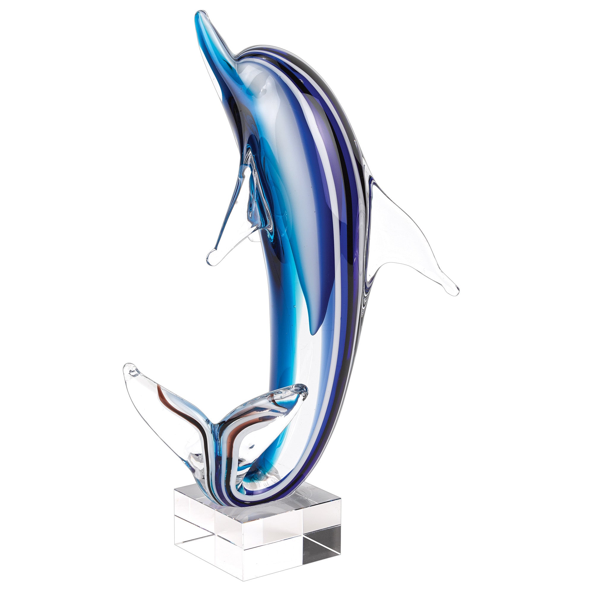 14" Blue Murano Glass Dolphin Figurine Tabletop Sculpture. Sculpture isolated on a plain white background, finished in blue glass.