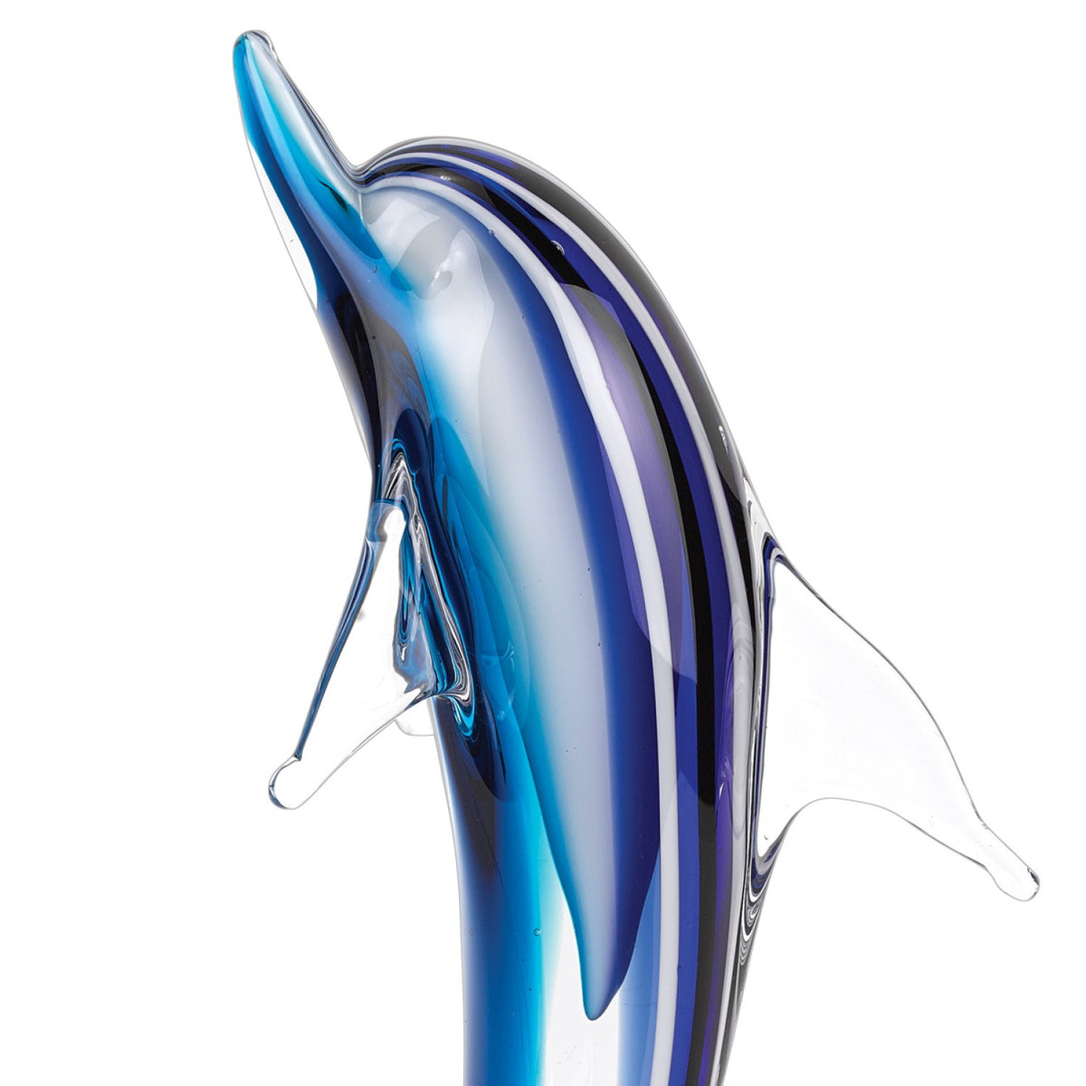14" Blue Murano Glass Dolphin Figurine Tabletop Sculpture. Sculpture isolated on a plain white background, finished in blue glass.