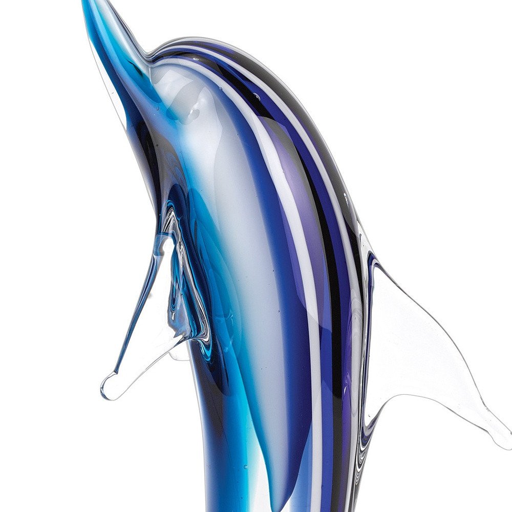 14" Blue Murano Glass Dolphin Figurine Tabletop Sculpture. Sculpture isolated on a plain white background, showing a blue glass surface.
