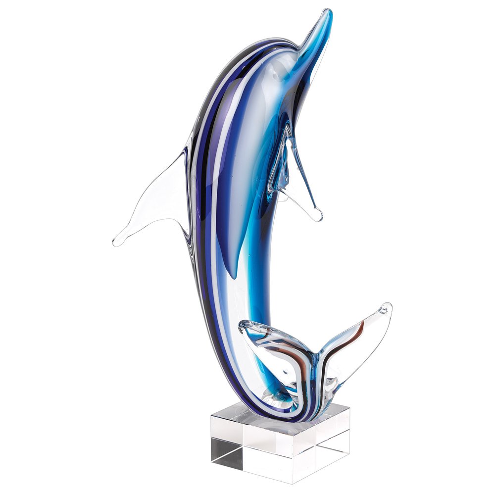14" Blue Murano Glass Dolphin Figurine Tabletop Sculpture. Sculpture isolated on a plain white background, in a blue glass finish.