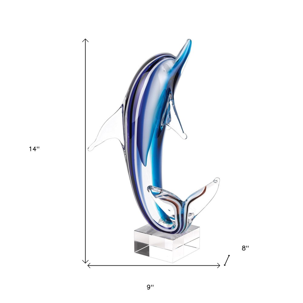 14" Blue Murano Glass Dolphin Figurine Tabletop Sculpture. Sculpture isolated on a plain white background, showing a blue glass surface.