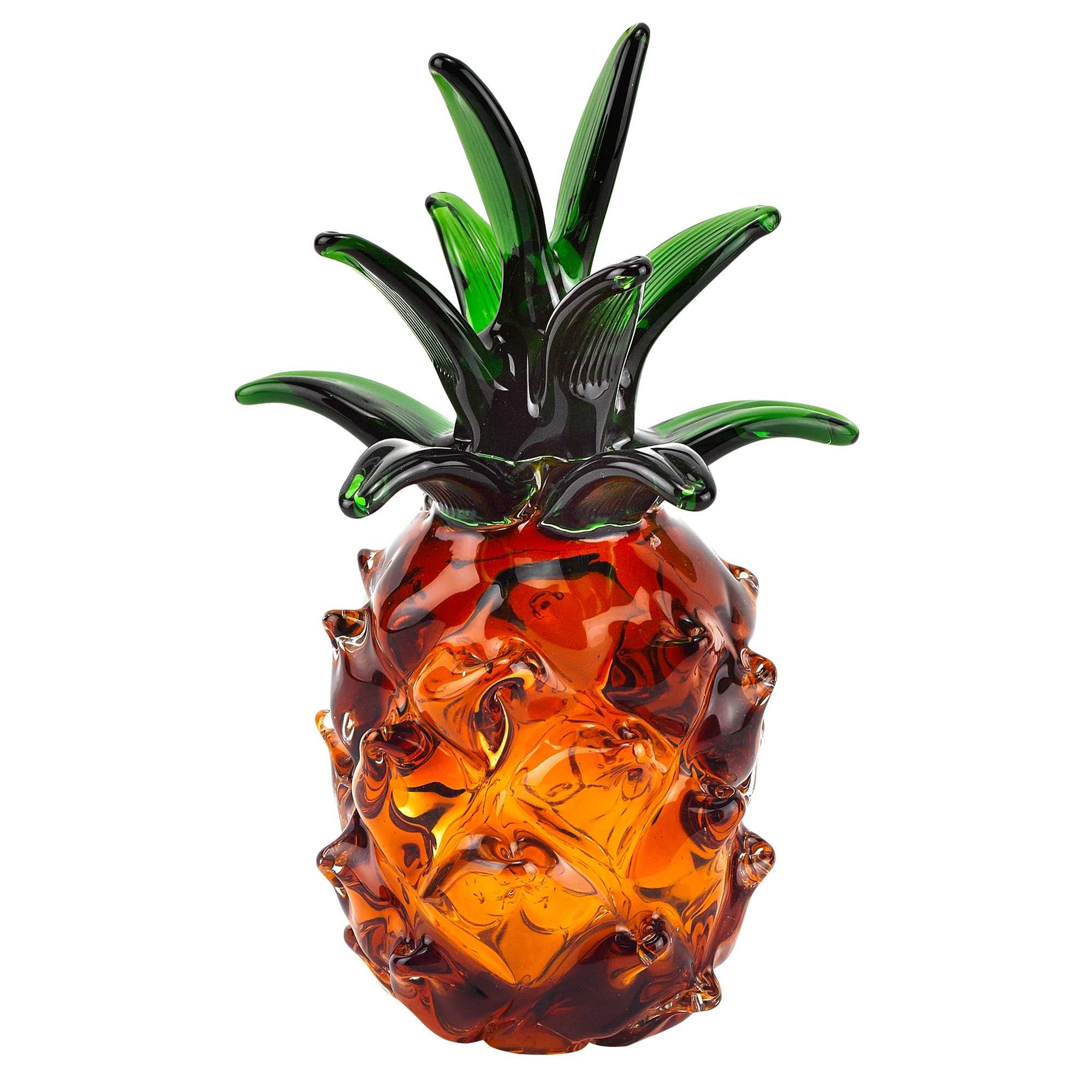 9" Amber And Green Mouth Blown Art Glass Pineapple Sculpture