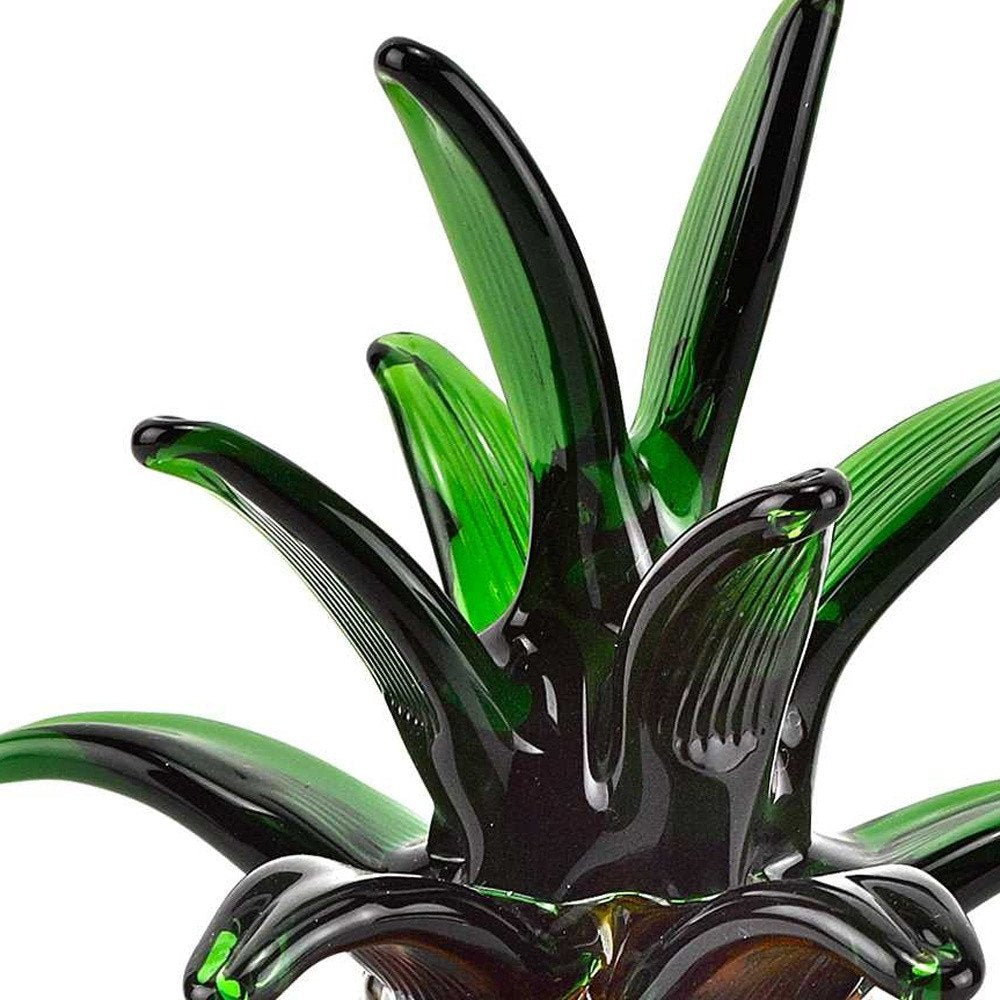 9" Amber And Green Mouth Blown Art Glass Pineapple Sculpture