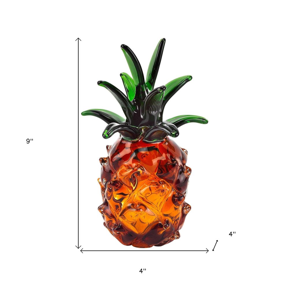9" Amber And Green Mouth Blown Art Glass Pineapple Sculpture