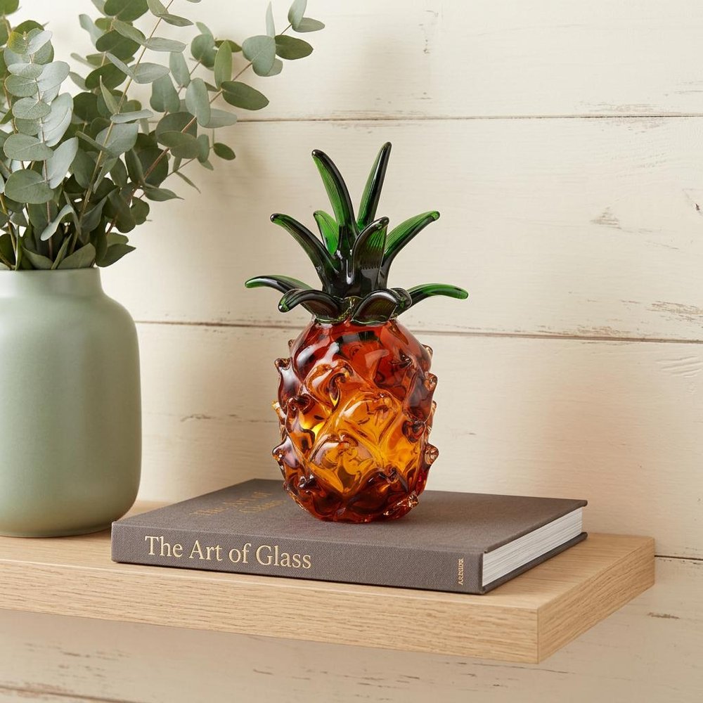 9" Amber And Green Mouth Blown Art Glass Pineapple Sculpture