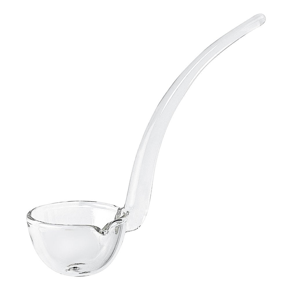 Clear glass ladle with a long curved handle against a white background.