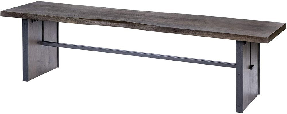 Rectangular dining bench with a live-edge brown mango wood top and dark metal base.