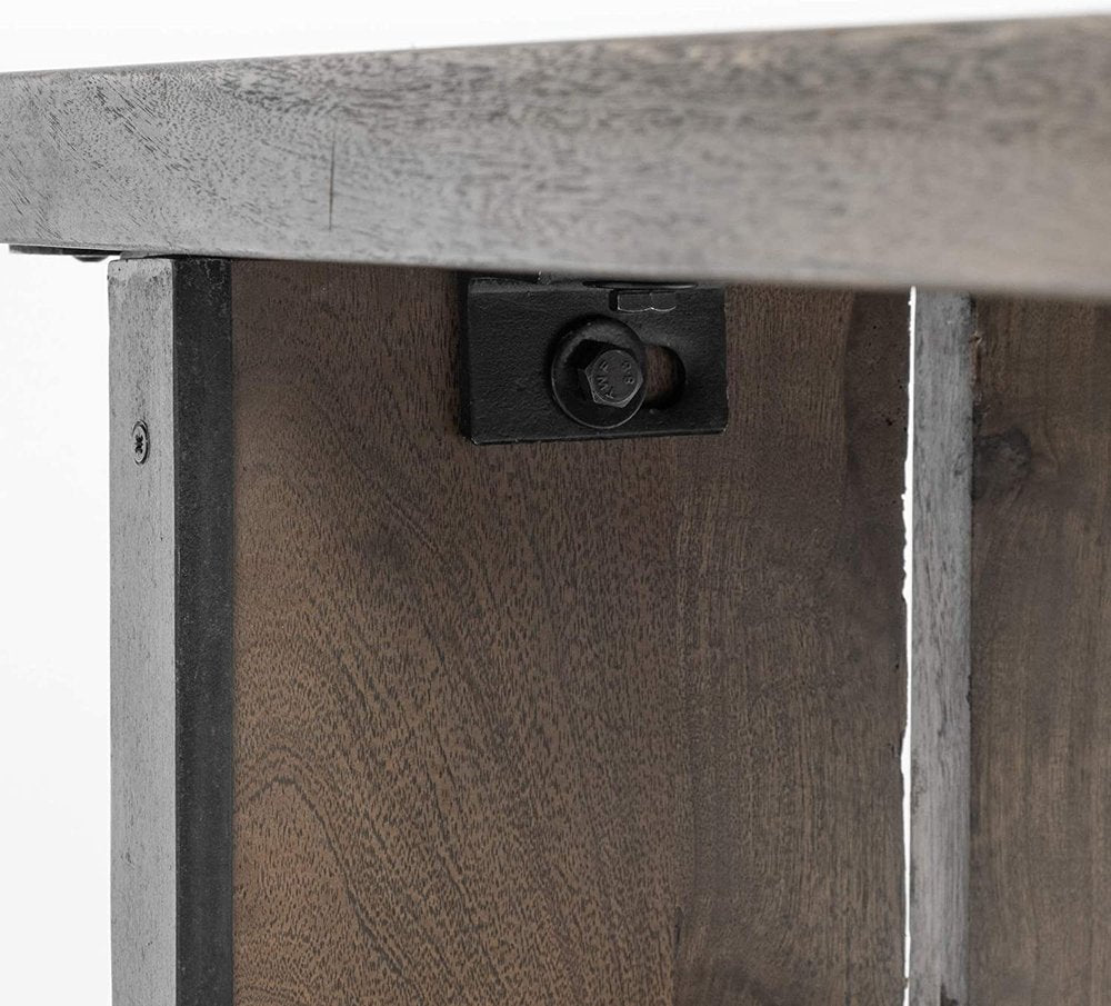 Rectangular Indian Mango Woodbrown Tone Finish W Metal Cladding On The Base Dining Bench close-up detail