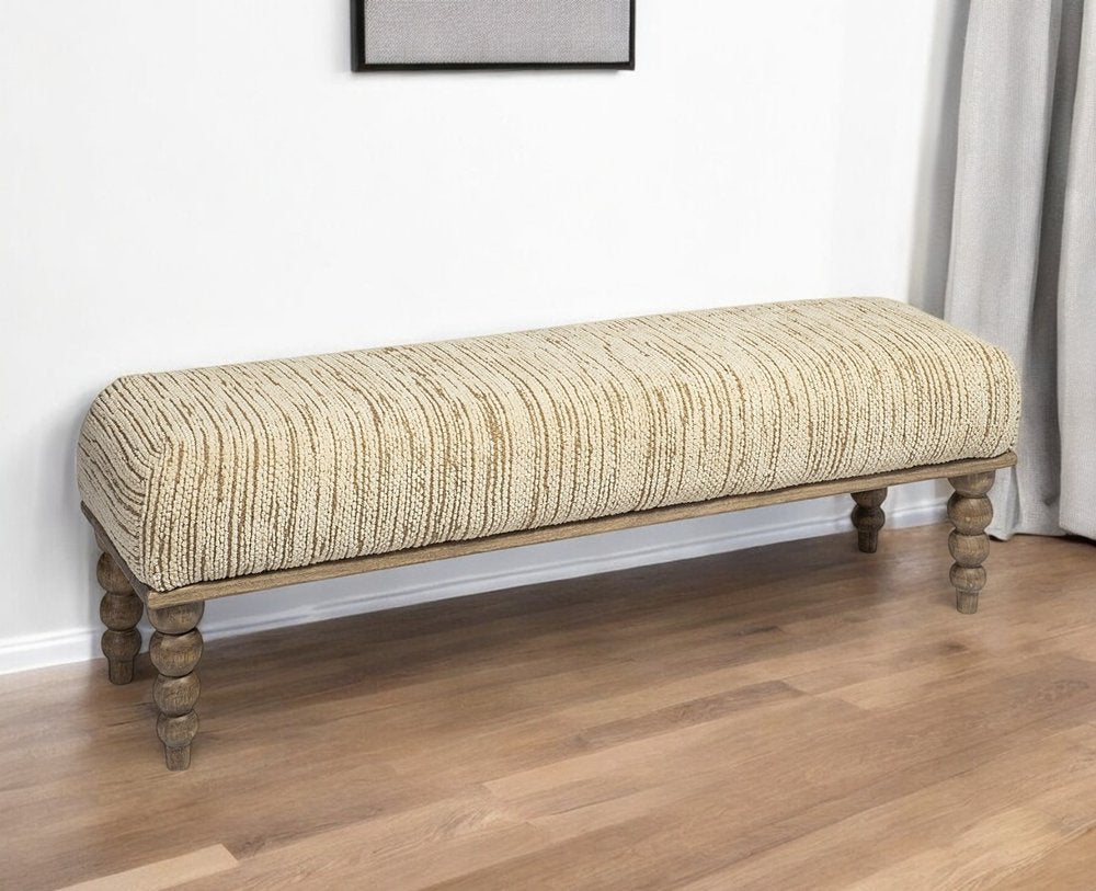 55" Cream and Wood Brown Upholstered Fabric Bench. Bench in cream wood.