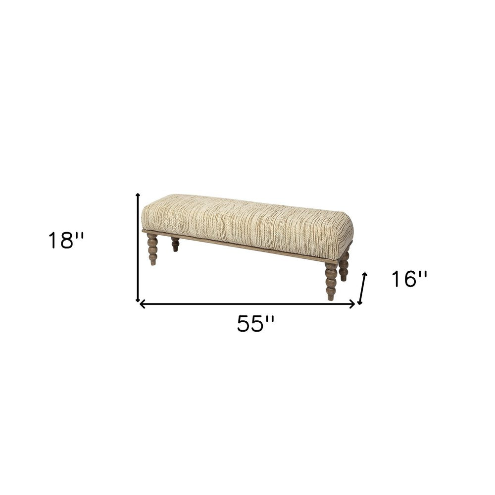 55" Cream and Wood Brown Upholstered Fabric Bench. Bench isolated on a plain white background, showing a cream wood surface.