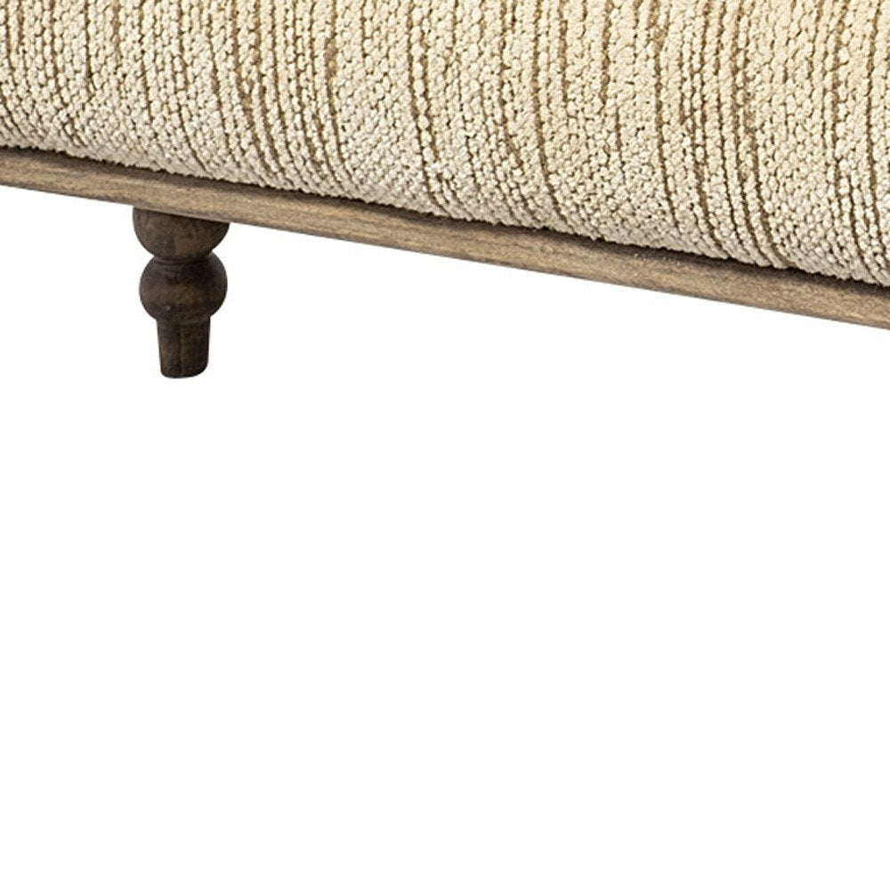 55" Cream and Wood Brown Upholstered Fabric Bench. Bench isolated on a plain white background, in a cream wood finish.
