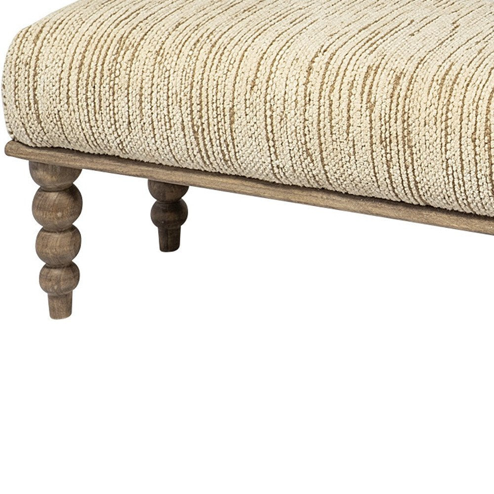 55" Cream and Wood Brown Upholstered Fabric Bench. Bench isolated on a plain white background, finished in cream wood.