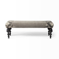 55" Gray and Black Upholstered Cotton Blend Floral Distressed Bench. Bench isolated on a plain white background, showing a gray cotton surface.