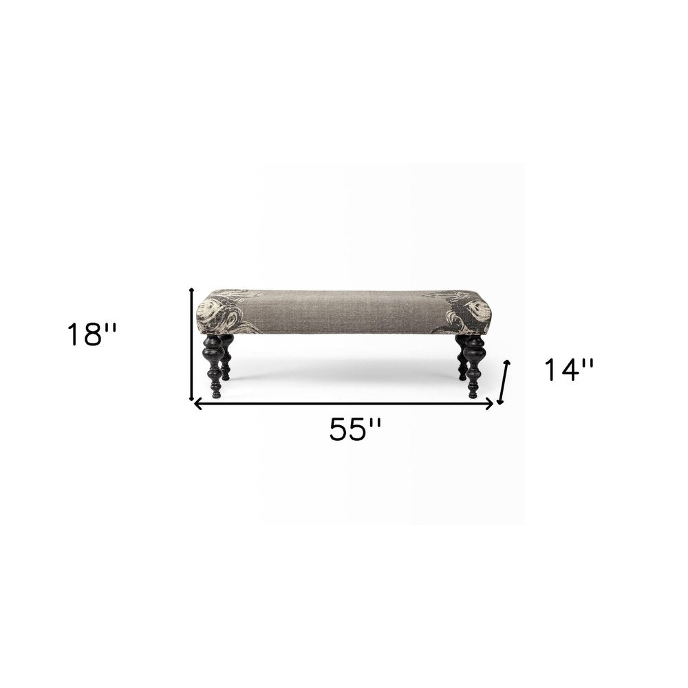 55" Gray and Black Upholstered Cotton Blend Floral Distressed Bench. Bench isolated on a plain white background, in a gray cotton finish.