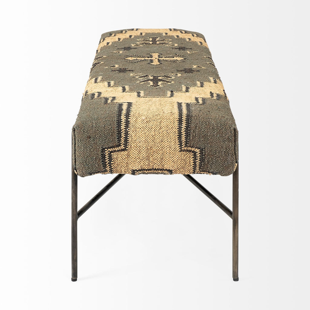 55" Green Brown and Black Upholstered Abstract Cotton Blend Bench