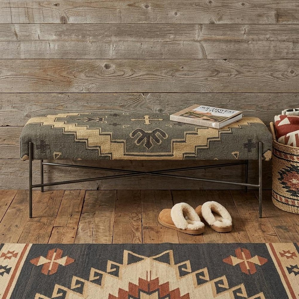 55" Green Brown and Black Upholstered Abstract Cotton Blend Bench. Bench in black cotton.