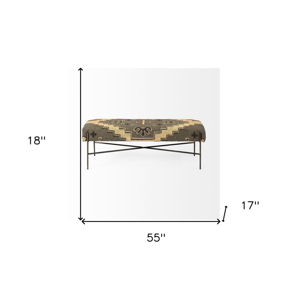 55" Green Brown and Black Upholstered Abstract Cotton Blend Bench. Bench isolated on a plain white background, in a brown cotton finish.