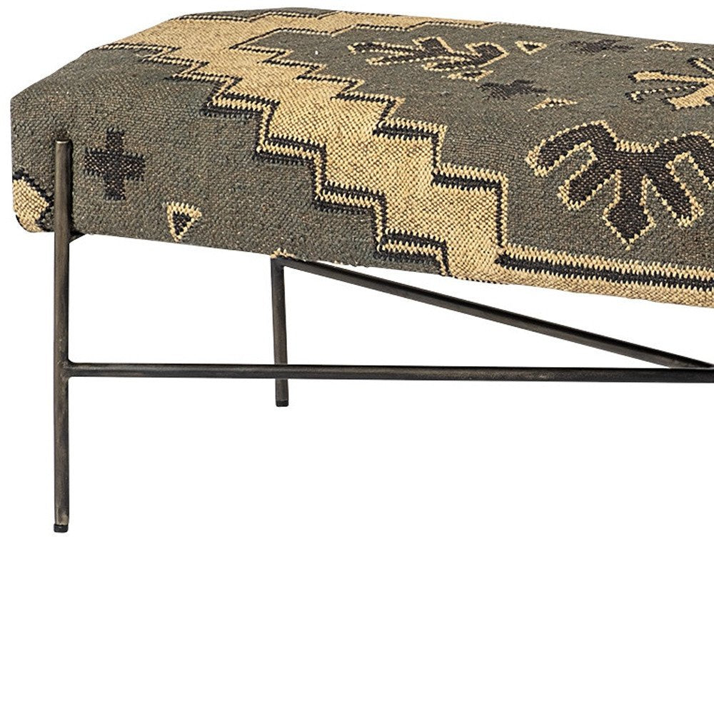 55" Green Brown and Black Upholstered Abstract Cotton Blend Bench. Bench isolated on a plain white background, in a black cotton finish.