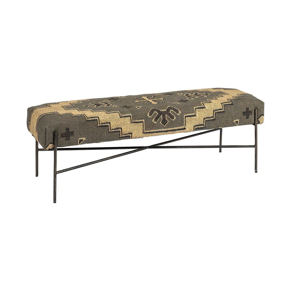 55" Green Brown and Black Upholstered Abstract Cotton Blend Bench. Bench isolated on a plain white background, showing a black cotton surface.