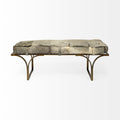 55" Gray and Antiqued Brass Faux Fur Upholstery Bench. Bench isolated on a plain white background.