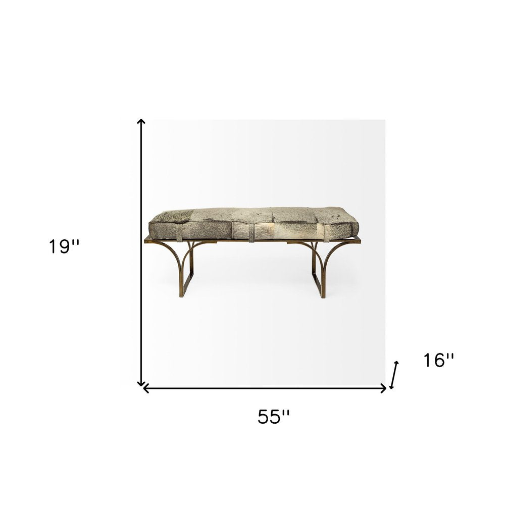 55" Gray and Antiqued Brass Faux Fur Upholstery Bench. Bench isolated on a plain white background, finished in gray.