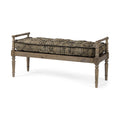 A beige and brown upholstered cotton blend bench with a wooden frame on a white background.