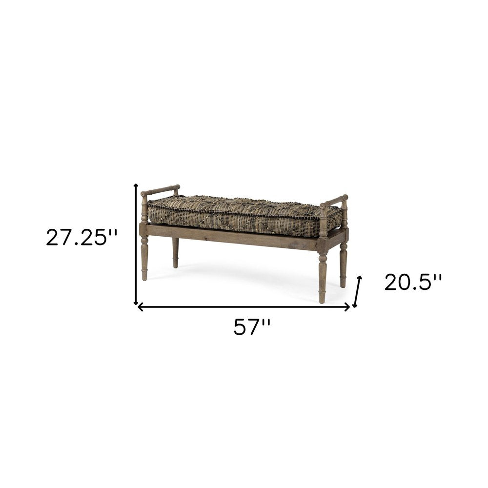 57" Beige And Brown Upholstered Cotton Blend Bench. Bench isolated on a plain white background, in a black cotton finish.